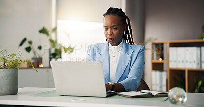 Buy stock photo Creative, black woman and reading with laptop in office for research, proofreading and copywriting. Person, review and pc with editor feedback, article submission and verify source for publication