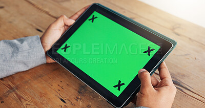 Buy stock photo Person, hands and tablet in office with green screen, business marketing and mockup space for website. Chromakey, man and digital technology on table for company advertising, connection and network.