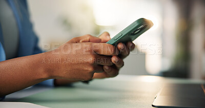 Buy stock photo Phone, connection and hands of business person in office for account manager, virtual advisor and contact. Communication, online portfolio and networking with employee and mobile for text message