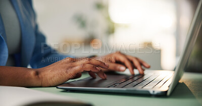 Buy stock photo Check, laptop and hands of business person in office for event planning, venue research and email. Project organizer, campaign administration and online proposal with employee in agency for review