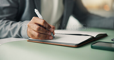 Buy stock photo Creative, writing and hands with notebook, office and planning for ad campaign, project and schedule. Business, copywriter and person with journal for research, ideas and notes for article on desk