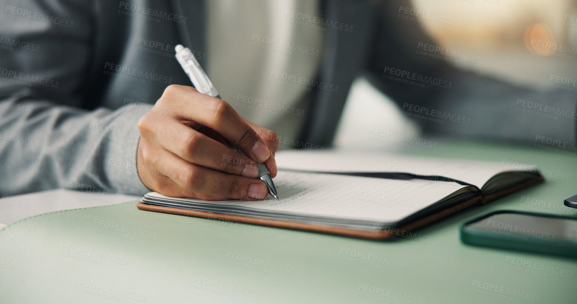 Buy stock photo Creative, writing and hands with notebook, office and planning for ad campaign, project and schedule. Business, copywriter and person with journal for research, ideas and notes for article on desk