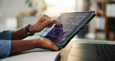 Buy stock photo Hands, tablet screen and graphs at office for trading, stats or laptop for stock market analysis. Person, broker or investor with tech, ux and click for chart, review or fintech app at finance agency