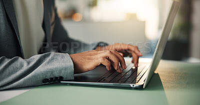 Buy stock photo Email, laptop and hands of business person in office for event planning, venue research and typing. Project organizer, campaign administration and online proposal with employee in agency for review