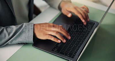 Buy stock photo Above, laptop and hands of business person in office for event planning, venue research and email. Project organizer, campaign administration and online proposal with employee in agency for review