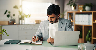 Buy stock photo Creative, writing and man with notebook, office and planning for ad campaign, productivity and ideas. Business, copywriter and person with journal for research, project and notes for article on desk