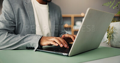 Buy stock photo Professional, laptop and hands of business person in office for event planning, venue research and email. Project organizer, campaign administration and online proposal with employee in agency