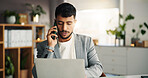 Laptop, phone call and businessman in office with feedback for finance deal with client. Computer, cellphone and male financial advisor on mobile discussion for investment proposal in workplace.
