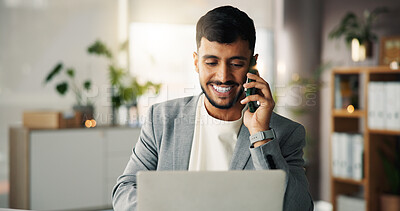 Buy stock photo Investor, phone call and happy man in office, laptop and checklist for investment deal. Person, professional and employee in workplace, cellphone and pc for profit audit, communication or negotiation