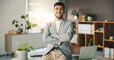 Buy stock photo Portrait, business and man with arms crossed in office for career pride, about us and real estate agent. Happy, male person and consultant with ambition, property development and listing opportunity