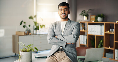 Buy stock photo Portrait, corporate and man with arms crossed in office for career pride, about us and real estate agent. Happy, male person and consultant with ambition, property development and listing opportunity