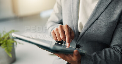 Buy stock photo Business, hands and man with tablet, go green for sustainability and eco friendly. Person, professional and employee in office, tech and research for conservation and digital app for renewable energy