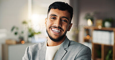 Buy stock photo Portrait, business and man with smile in office for career pride, about us and real estate agent. Happy, male person and realtor consultant with ambition, property development and listing opportunity