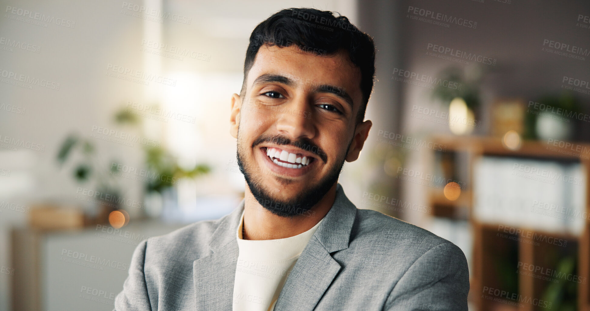Buy stock photo Portrait, business and man with smile in office for career pride, about us and real estate agent. Happy, male person and realtor consultant with ambition, property development and listing opportunity
