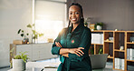 Portrait, smile and black woman with arms crossed in office for career pride, about us and real estate. Happy, female person and realtor with ambition, property development and expansion opportunity