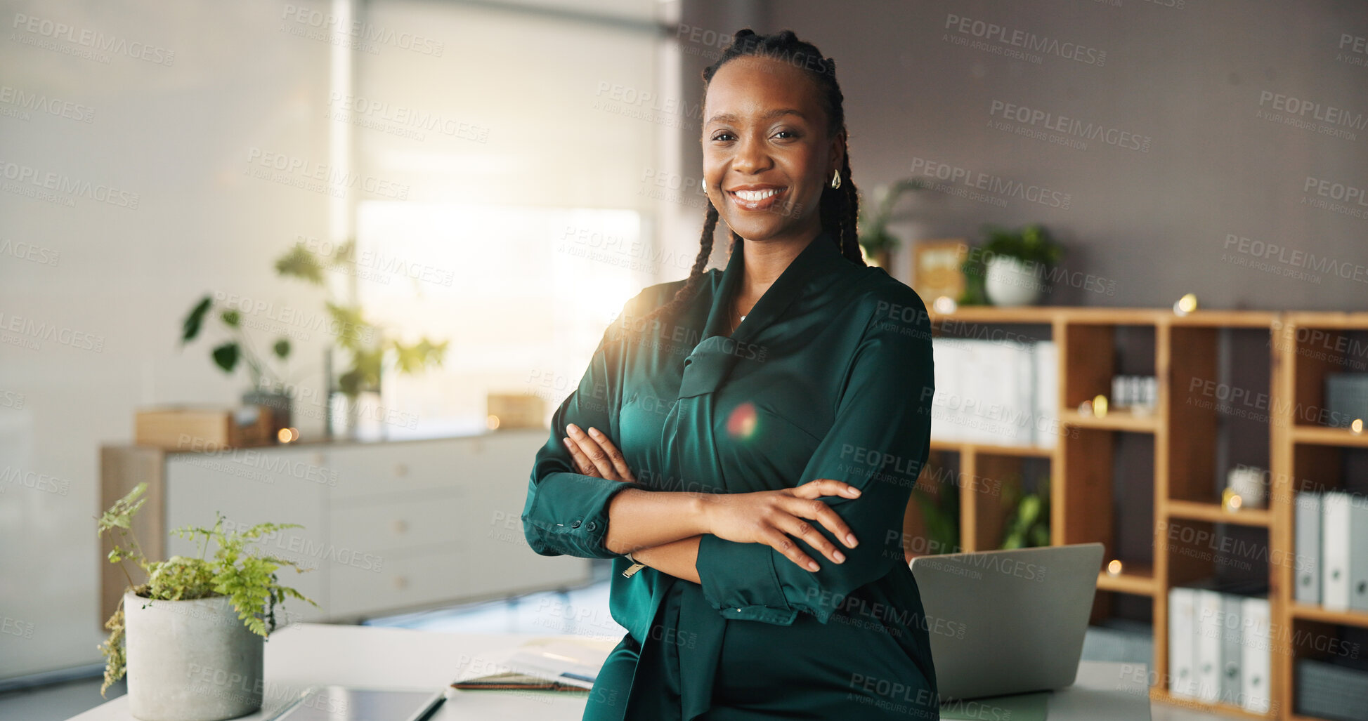 Buy stock photo Portrait, smile and black woman with arms crossed in office for career pride, about us and real estate. Happy, female person and realtor with ambition, property development and expansion opportunity