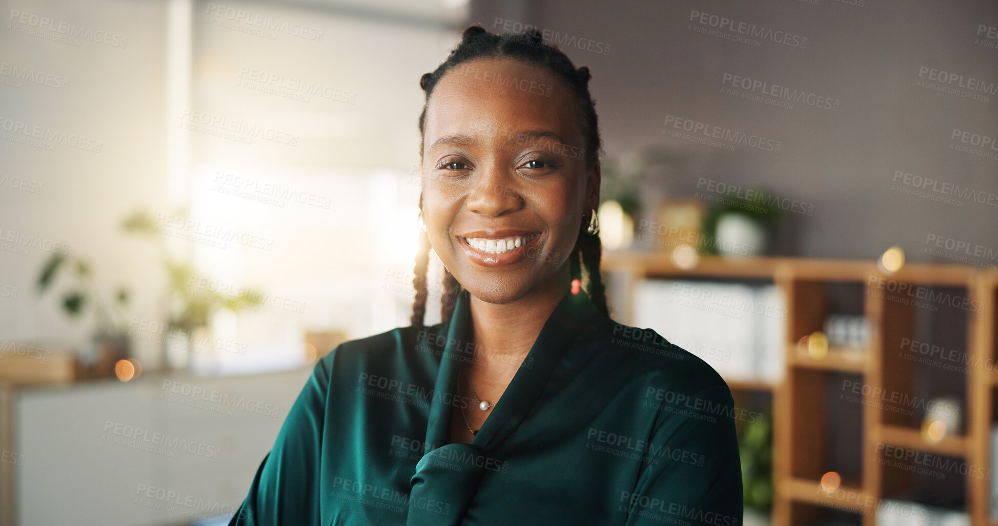 Buy stock photo Portrait, business and black woman with smile in office for career pride, about us and real estate. Happy, female person and consultant with ambition, property development and expansion opportunity