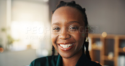 Buy stock photo Portrait, corporate and black woman with smile in office for career pride, about us and real estate. Happy, female person and consultant with ambition, property development and expansion opportunity