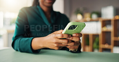 Buy stock photo Phone, research and hands of business person in office for account manager, virtual advisor and contact. Communication, online portfolio and networking with employee and mobile for text message