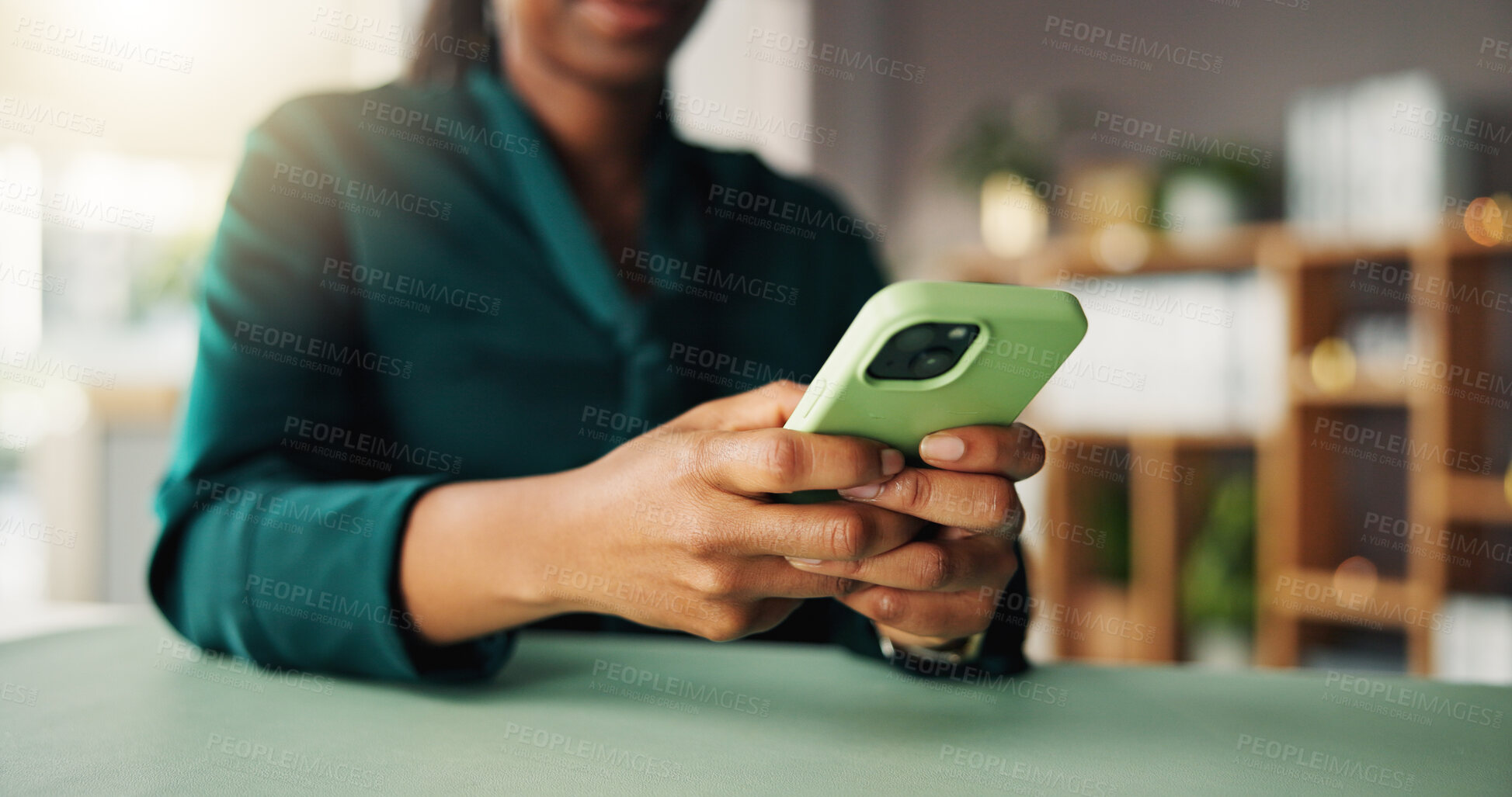 Buy stock photo Phone, research and hands of business person in office for account manager, virtual advisor and contact. Communication, online portfolio and networking with employee and mobile for text message