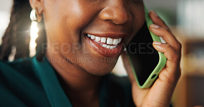 Buy stock photo Creative agency, mouth and woman with smile, phone call or listening with digital app for online interview. Closeup, person or journalist with cellphone, contact or happy with communication or hello