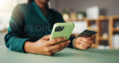 Buy stock photo Credit card, phone and hands of woman in office for online shopping, internet banking and payment. Fintech, workplace and person on smartphone for purchase, business transaction and company expense