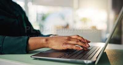 Buy stock photo Report, laptop and hands of business person in office for event planning, venue research and email. Project organizer, campaign administration and online proposal with employee in agency for review