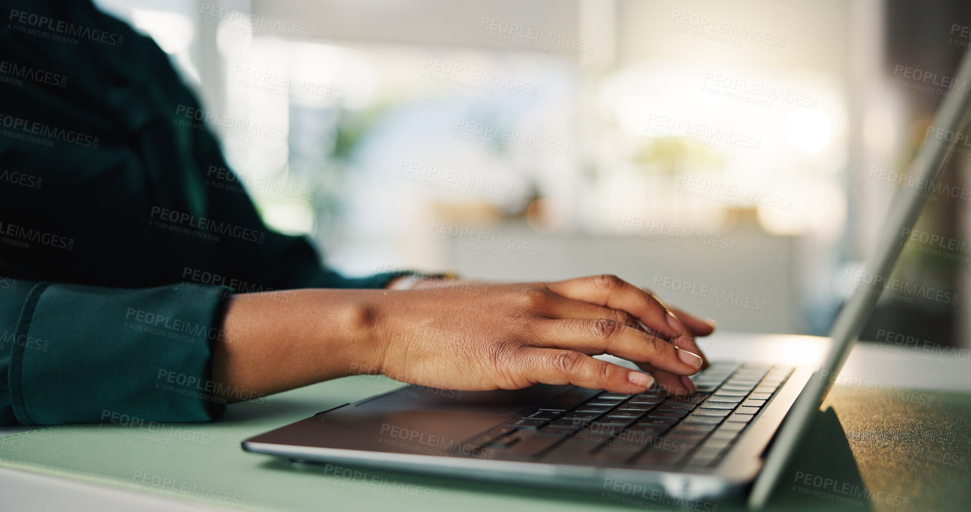 Buy stock photo Report, laptop and hands of business person in office for event planning, venue research and email. Project organizer, campaign administration and online proposal with employee in agency for review