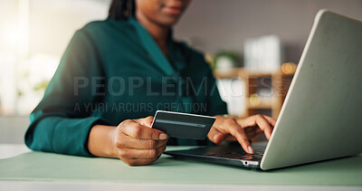 Buy stock photo Credit card, laptop and hands of woman in office for financial payment, internet banking and investment. Typing, corporate and person on computer for purchase, business transaction or company expense
