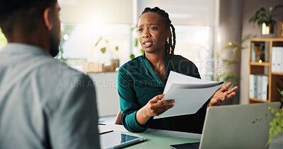Buy stock photo Financial advisor, documents and woman with consultation, talking and application for loan. People, employee and client in office, discussion and appointment for investment opportunity and contract