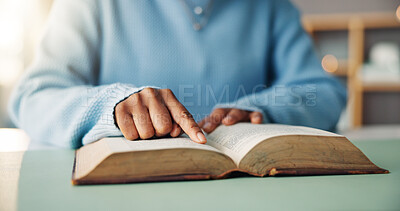 Buy stock photo Reading bible, hands or woman in home, spiritual guidance or belief with gratitude. Closeup, apartment or person with book, religion or learning with peace, praise or scripture with faith or studying