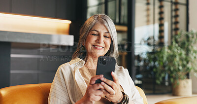 Buy stock photo Home, smartphone and woman on couch, typing and message to contact, texting and relax. Apartment, mobile user or mature person on sofa, cellphone and digital app for social media, email or connection