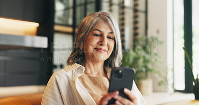 Buy stock photo Home, smartphone and woman on couch, internet and message to contact, texting or relax. Communication, mobile user or mature person on sofa, cellphone or digital app for social media or reading email