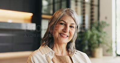 Buy stock photo House, portrait and happy woman on couch, relax and comfortable in living room. Apartment, wellness and mature person on sofa, resting and positive mindset with weekend break and optimism in lounge