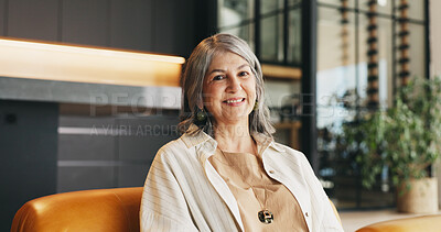 Buy stock photo Portrait, relax and smile of old woman on sofa in living room of home for me time or wellness. Break, morning and retirement with happy senior person in apartment for optimism or satisfaction