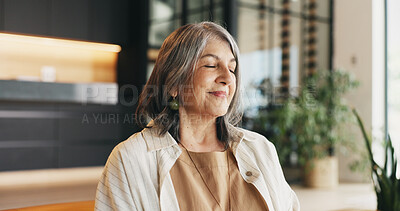 Buy stock photo Happy woman, relax and peace in home with meditation, spiritual awareness or stress relief for wellness. Zen, mature person and calm in house with mindfulness, holistic health and practice gratitude.