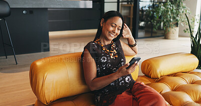 Buy stock photo House, cellphone and woman on sofa, smile and message to contact, funny meme and connection. Online humor, mobile user and mature person with smartphone, laughing and digital app for social media