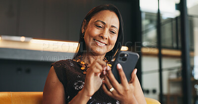 Buy stock photo Home, smile and woman with smartphone, internet and message to contact, typing and relax. Happy, online reading or mature person on sofa, cellphone and digital app for social media and comedy post