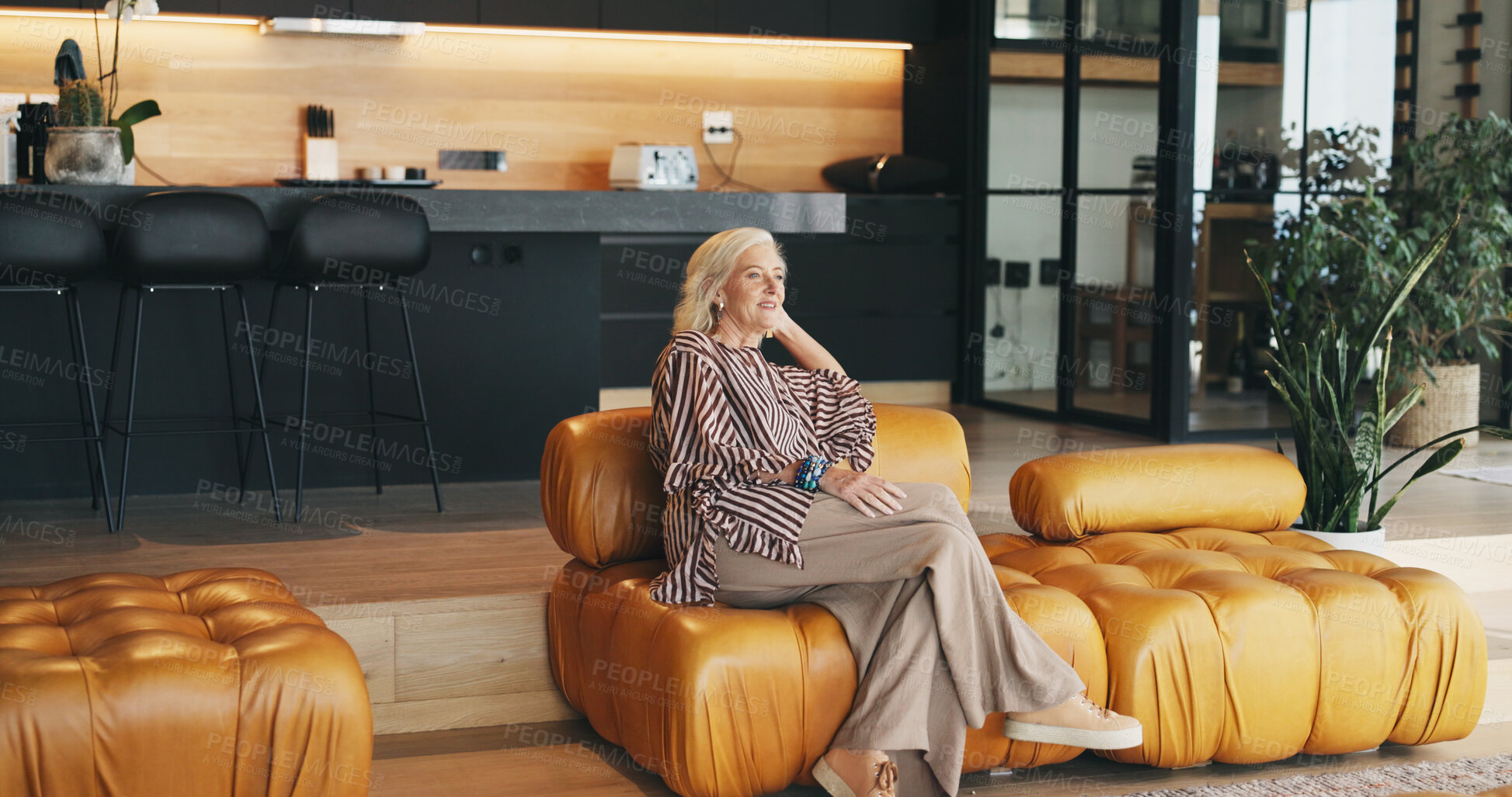 Buy stock photo Mature woman, calm and thinking in lounge, morning reflection and remember happy memory for nostalgia. Peace, daydream and person with positive perspective in home, introspection or planning for day