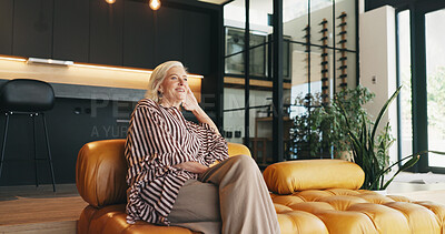 Buy stock photo Mature woman, smile and thinking on couch, morning reflection and remember happy memory for nostalgia. Peace, daydream and person with positive perspective in home, introspection or planning for day