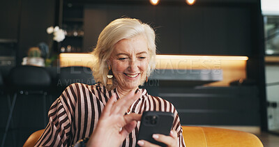 Buy stock photo Home, cellphone and happy woman on couch, typing and message to contact, funny meme and relax. Internet, smile or mature person on sofa, smartphone and digital app for social media and online reading