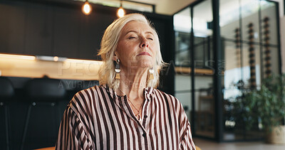 Buy stock photo Breathing, meditation and relax with senior woman in home living room for awareness or mindfulness. Calm, yoga and zen with old person in apartment for balance, mental health or holistic exercise