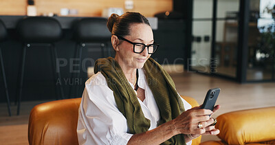 Buy stock photo House, online reading or woman with smartphone, internet or message to contact, network or email. Relax, mobile user or mature person on couch, cellphone or digital app for social media or connection