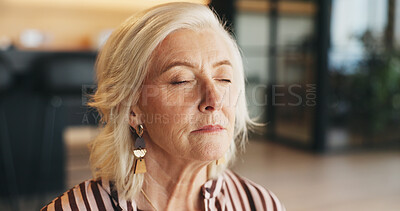 Buy stock photo Woman, relax and peace in home with meditation, spiritual awareness and mental clarity for wellness. Zen, mature person and calm in house with mindfulness, holistic health and practice gratitude.