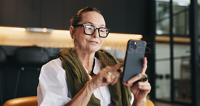 Buy stock photo Home, smartphone and woman with glasses, typing or message to contact, texting or email. Spectacles, internet or mature person with cellphone, online reading or digital app for website info or scroll