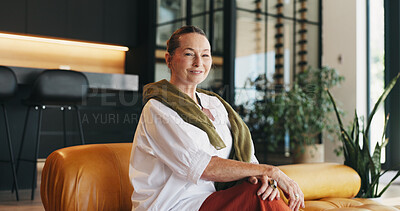 Buy stock photo Portrait, relax and smile of woman on sofa in living room of home for break, me time or wellness. Chilling, morning and weekend with happy mature person in apartment for optimism or satisfaction