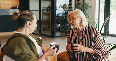 Buy stock photo Tea, senior women and friends in home for conversation, gossip or bonding together on weekend. Elderly people, talking and relax with coffee in living room for news, story or advice in retirement