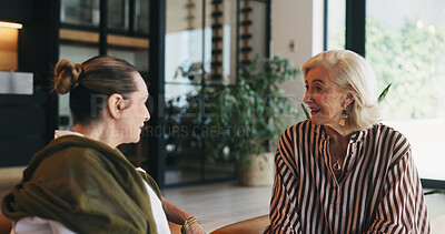 Buy stock photo Talk, senior women and friends in home for conversation, gossip and bonding together on weekend. Elderly people, relax and smile in living room for catch up, story and share update in retirement