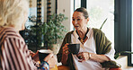Tea, elderly women and friends in home for conversation, gossip or bonding together on weekend. Senior people, talking and relax with coffee in living room for catch up, story or advice in retirement