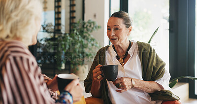 Buy stock photo Tea, elderly women and friends in home for conversation, gossip or bonding together on weekend. Senior people, talking and relax with coffee in living room for catch up, story or advice in retirement